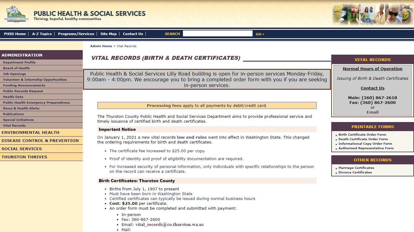 Vital Records (Birth and Death Certificates) - Thurston County